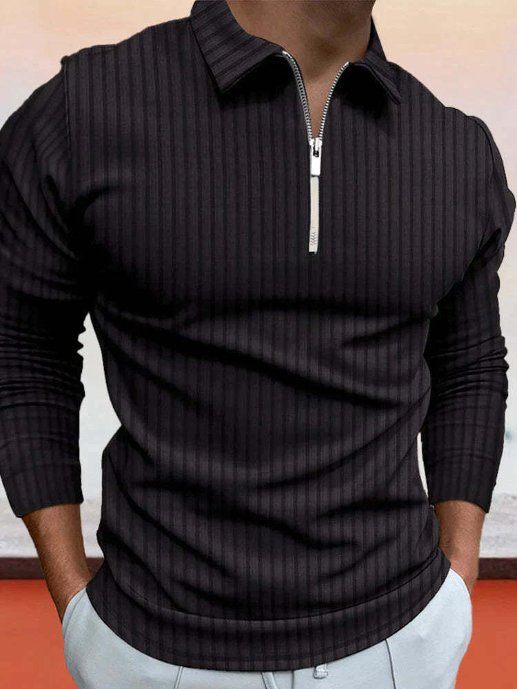 lininco Zipper Stripe Long Sleeve Polo Shirt