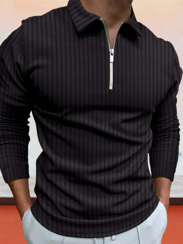 lininco Zipper Stripe Long Sleeve Polo Shirt