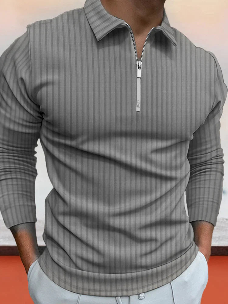lininco Zipper Stripe Long Sleeve Polo Shirt