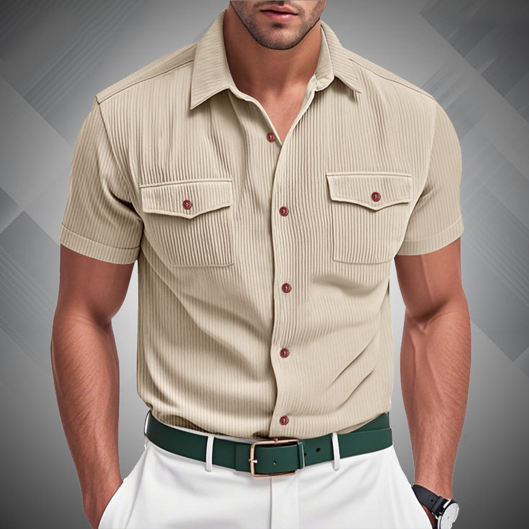 Men's Fashion Ribbed Work Pocket Short-sleeved Lapel Shirt