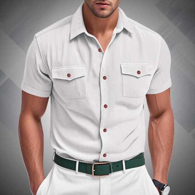Men's Fashion Ribbed Work Pocket Short-sleeved Lapel Shirt