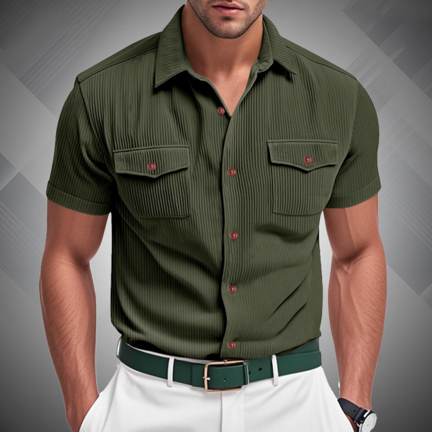 Men's Fashion Ribbed Work Pocket Short-sleeved Lapel Shirt