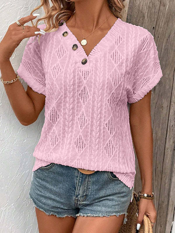 Loose Short Sleeves Buttoned Solid Color V-Neck T-Shirts Tops