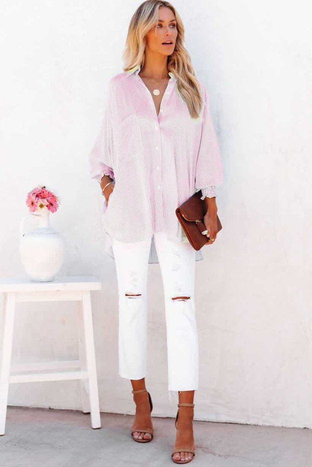 Mid-length smocked shirt with striped lapel and oversized drawdown sleeves