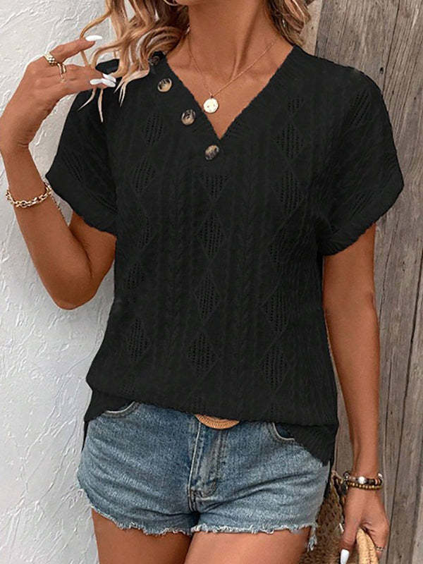 Loose Short Sleeves Buttoned Solid Color V-Neck T-Shirts Tops