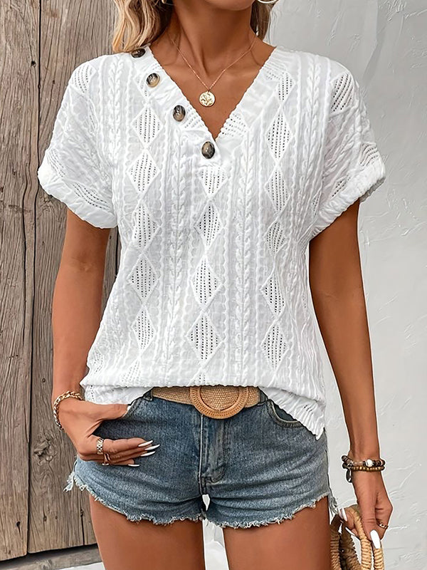 Loose Short Sleeves Buttoned Solid Color V-Neck T-Shirts Tops
