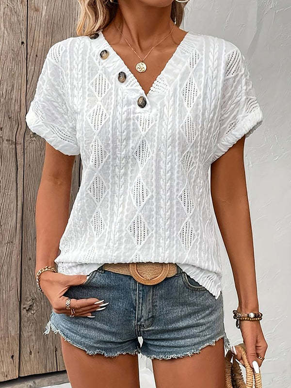 Loose Short Sleeves Buttoned Solid Color V-Neck T-Shirts Tops