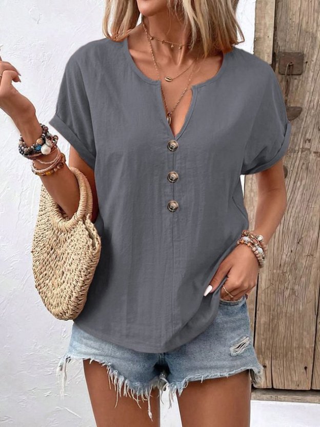 Women Plain Short Sleeve Tee T-shirt V Neck Casual Summer Top