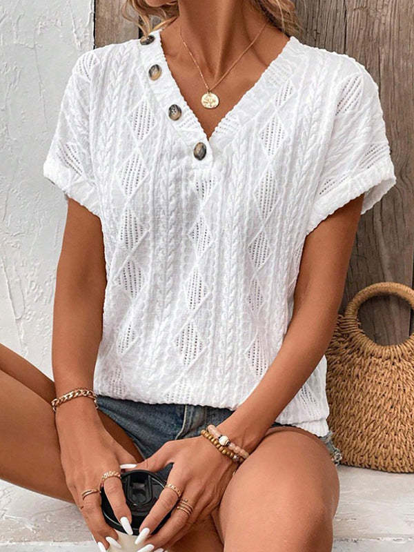 Loose Short Sleeves Buttoned Solid Color V-Neck T-Shirts Tops