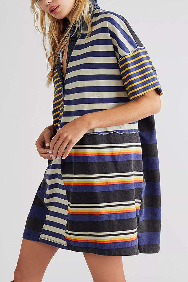 Striped Patchwork Denim Shirt Dress – Casual and Relaxed Fit