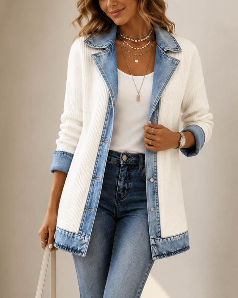 Women’s Denim-Trim Ribbed Knit Longline Blazer Jacket