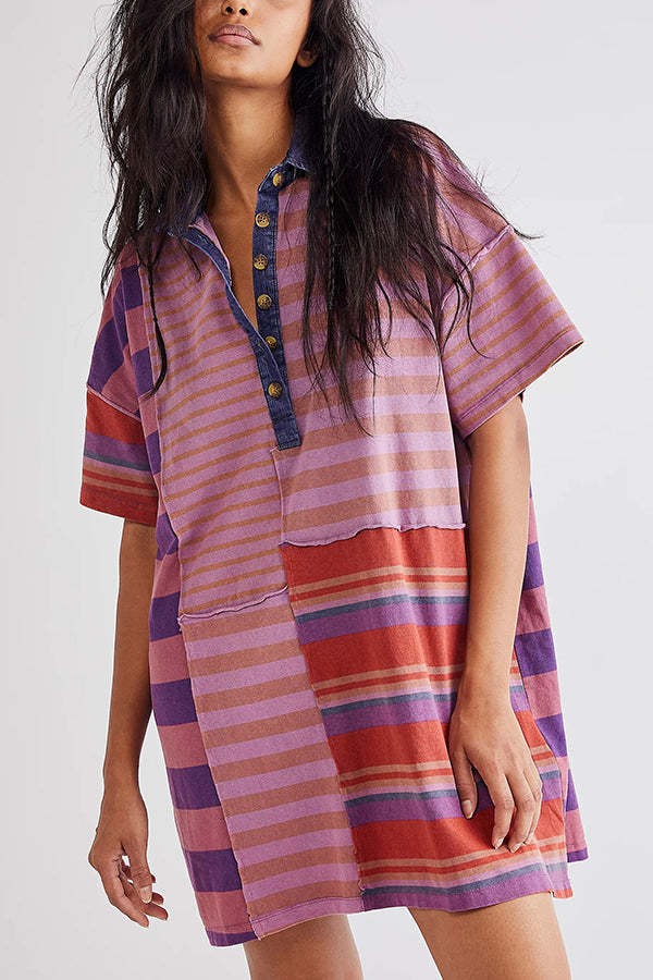 Striped Patchwork Denim Shirt Dress – Casual and Relaxed Fit