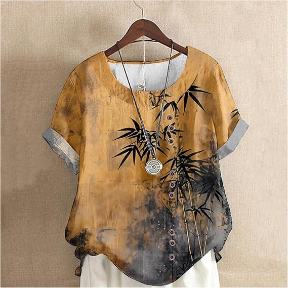 Women's Elegant Bamboo Pattern Cotton And Linen Short Sleeve Top