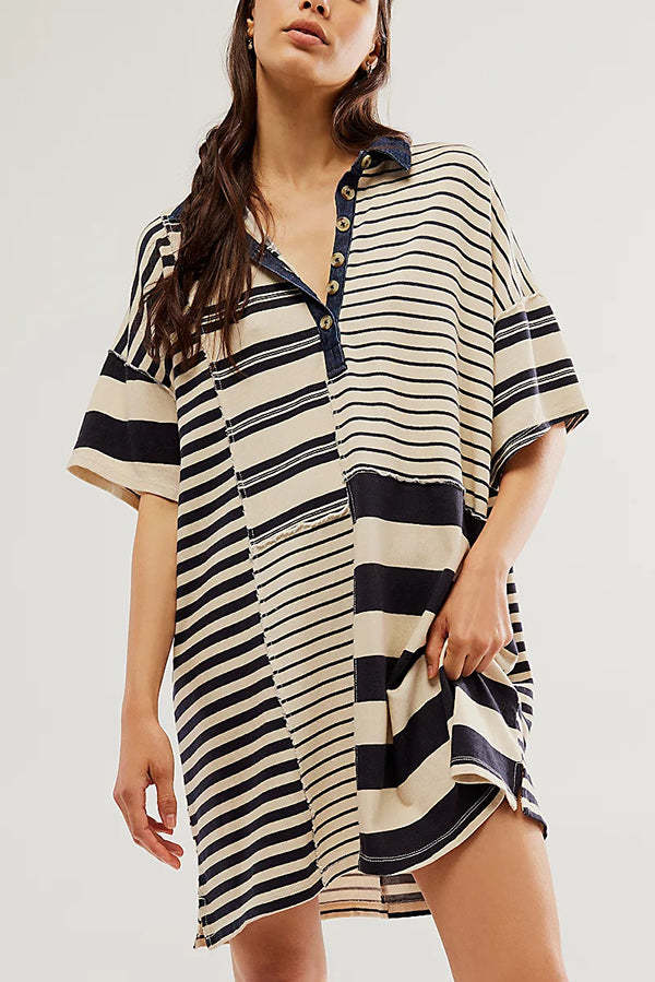 Striped Patchwork Denim Shirt Dress – Casual and Relaxed Fit