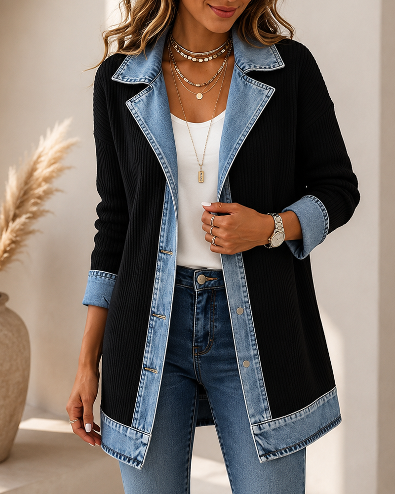 Women’s Denim-Trim Ribbed Knit Longline Blazer Jacket