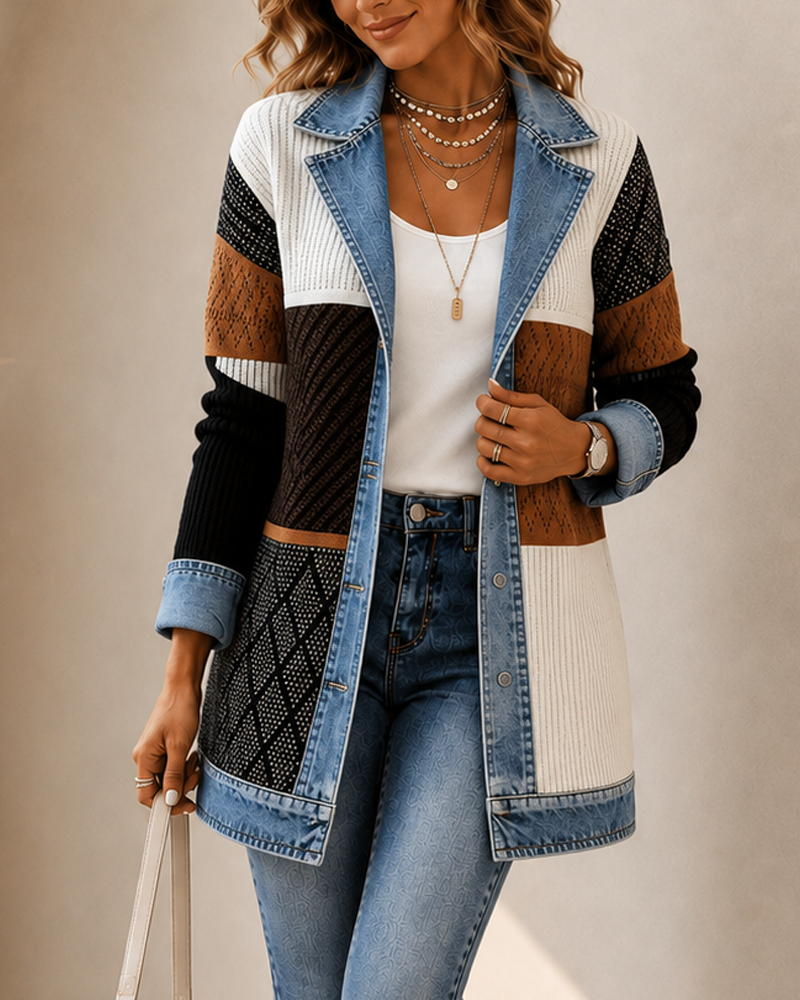 Women’s Denim-Trim Ribbed Knit Longline Blazer Jacket