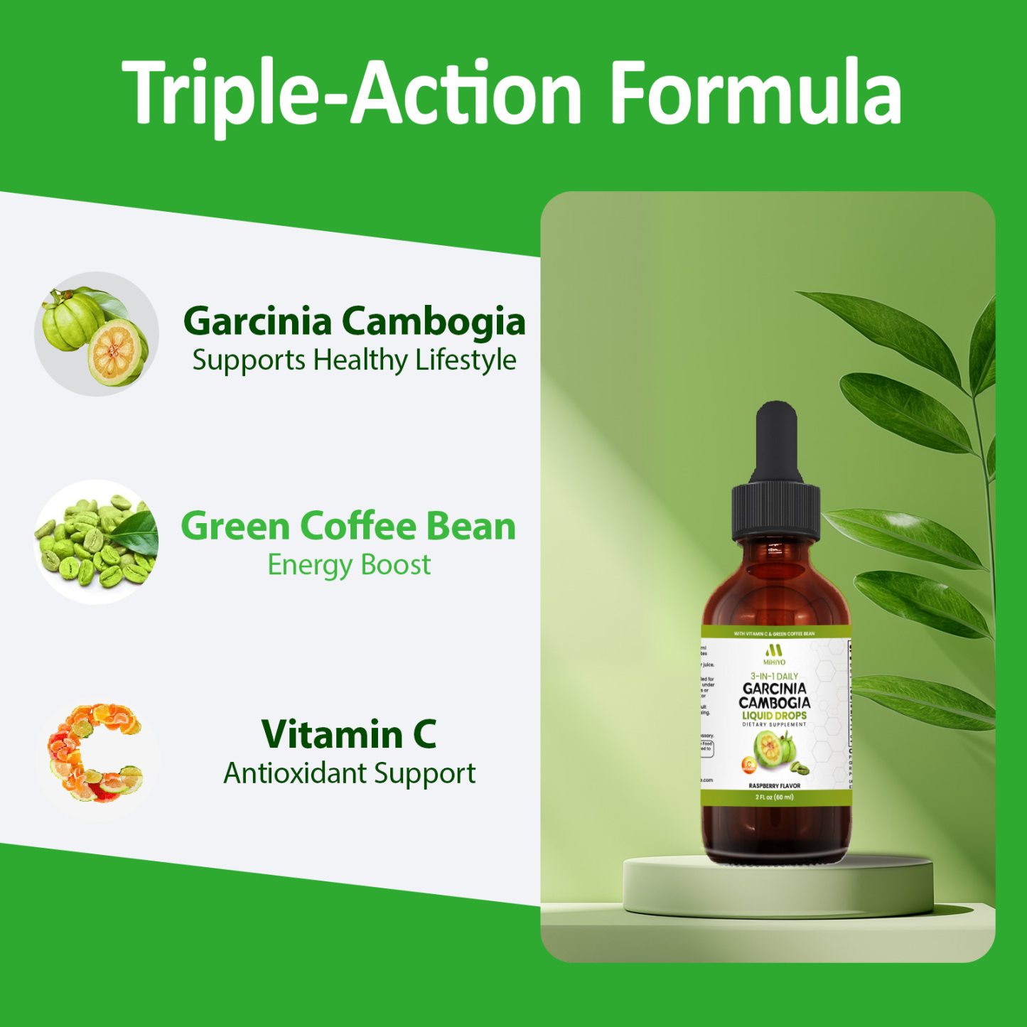 3-in-1 Garcinia Cambogia Liquid Drops - Natrual Extract with Green Coffee Bean & Vitamin C