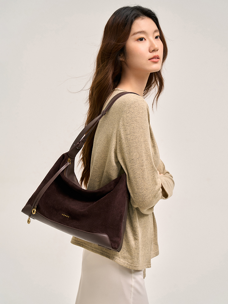 Suede-Patch Hobo Bag