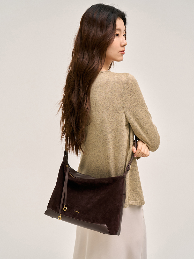 Suede-Patch Hobo Bag
