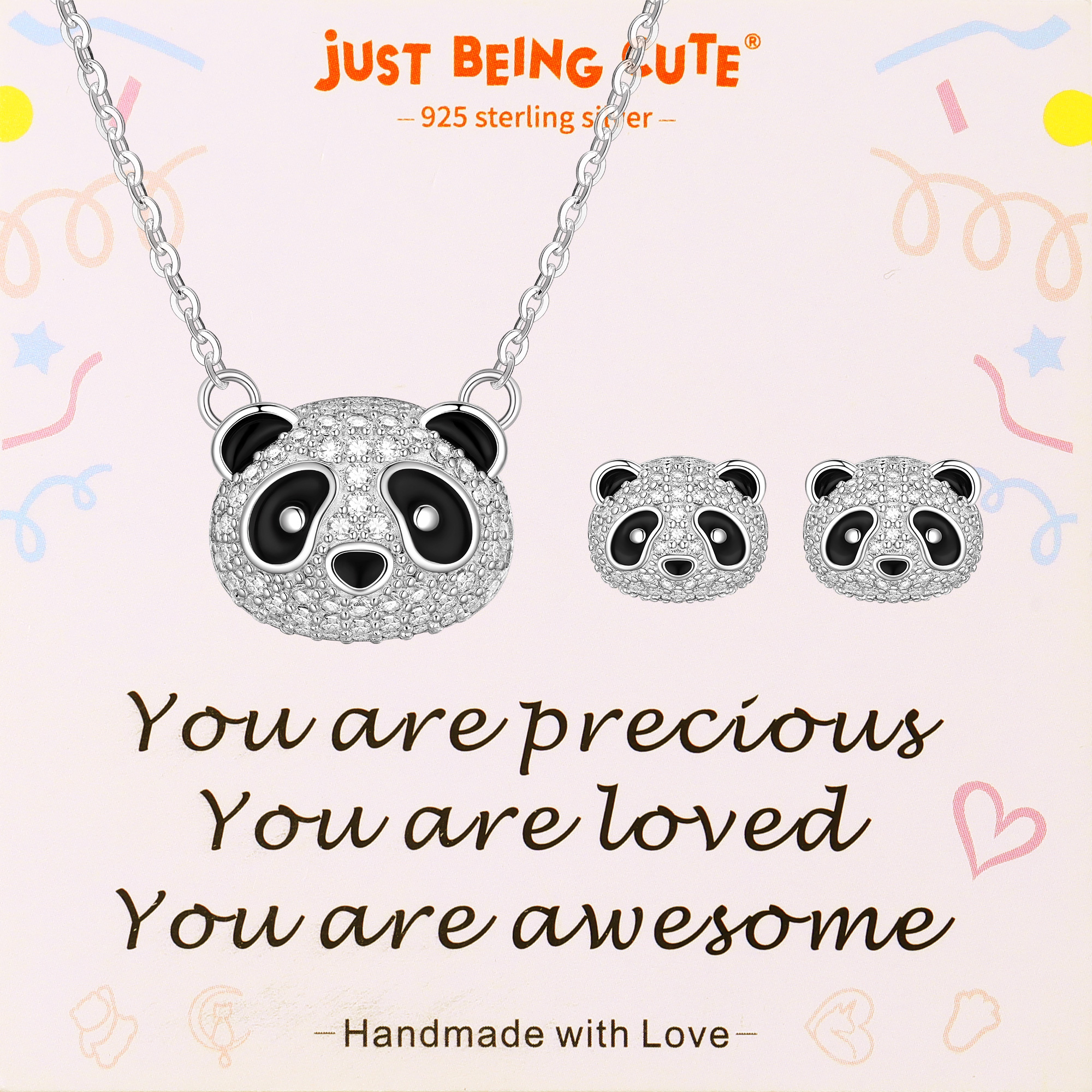 Just Being Cute Panda Necklace and Earrings Set for Women Cubic Zirconia Sterling Silver Jewelry with Birthday Christmas Gifts