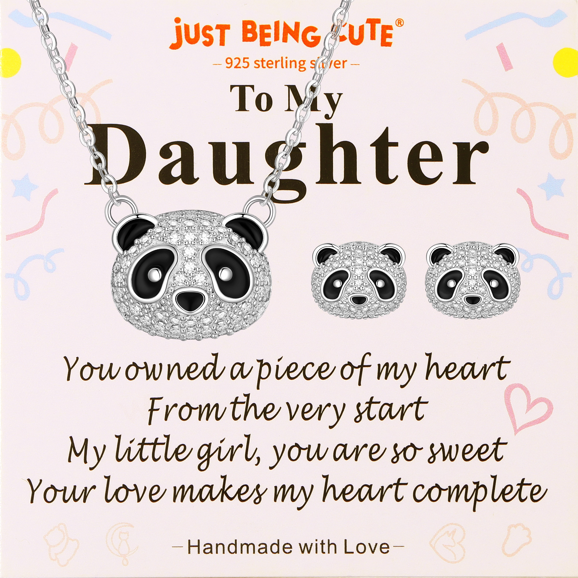 Just Being Cute Panda Necklace and Earrings Set for Women Cubic Zirconia Sterling Silver Jewelry with Birthday Christmas Gifts
