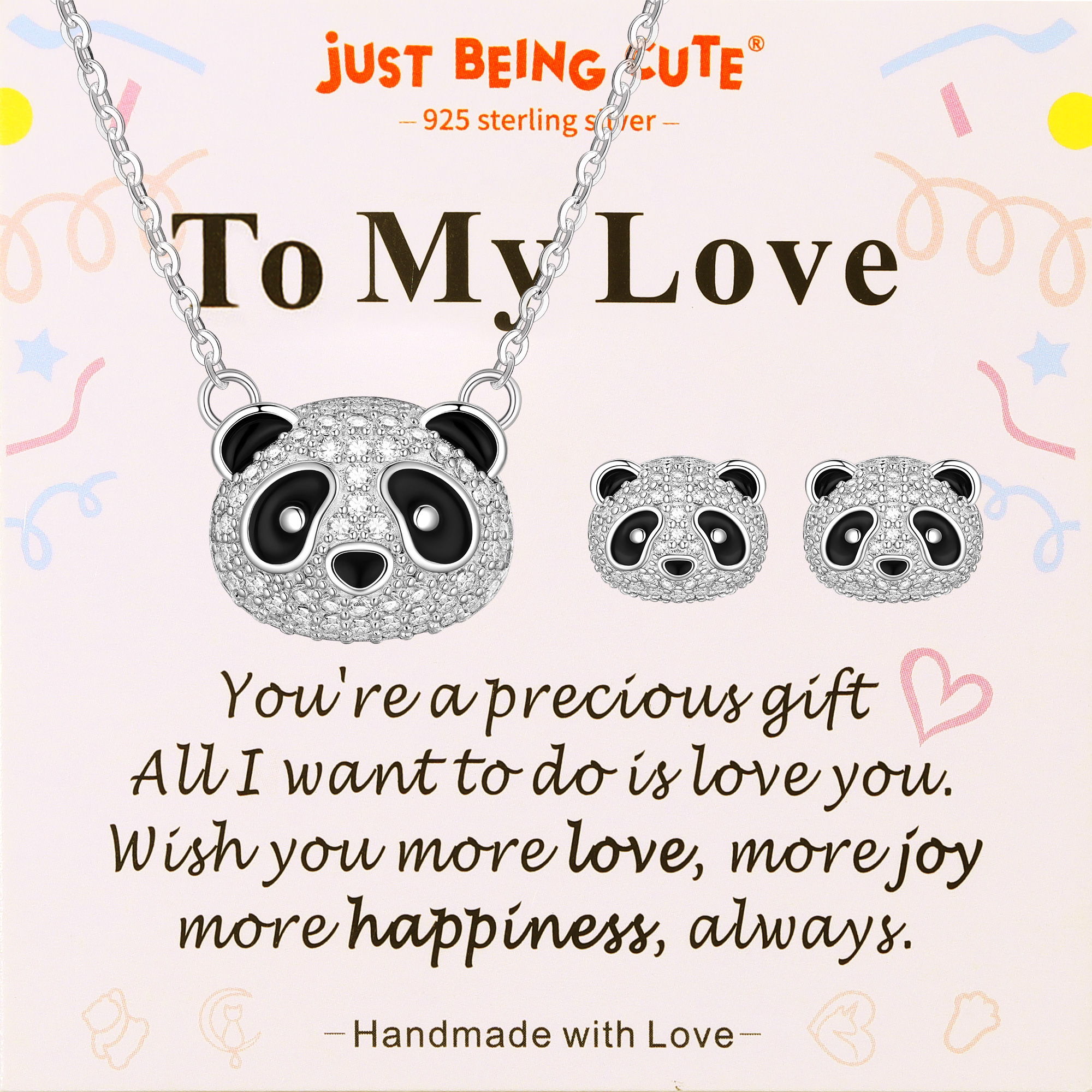 Just Being Cute Panda Necklace and Earrings Set for Women Cubic Zirconia Sterling Silver Jewelry with Birthday Christmas Gifts