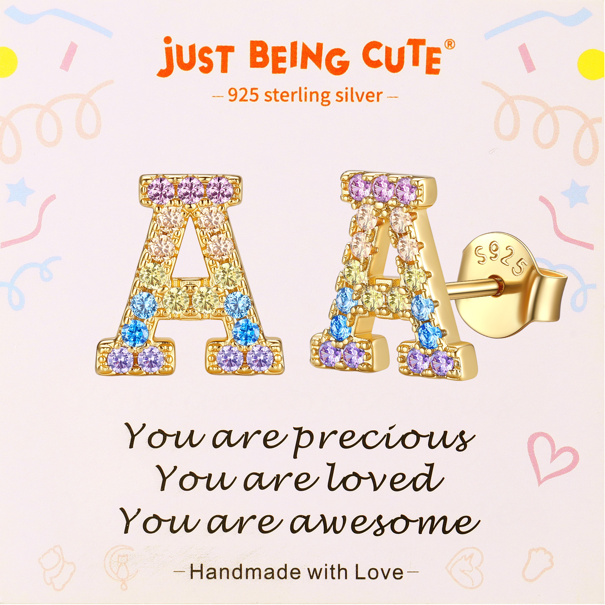 Just Being Cute Initial Earrings for Women Rainbow Cubic Zirconia Letter Stud Earring Hypoallergenic Alphabets A-Z Studs Birthday Christmas Jewelry for Her with Gift Card