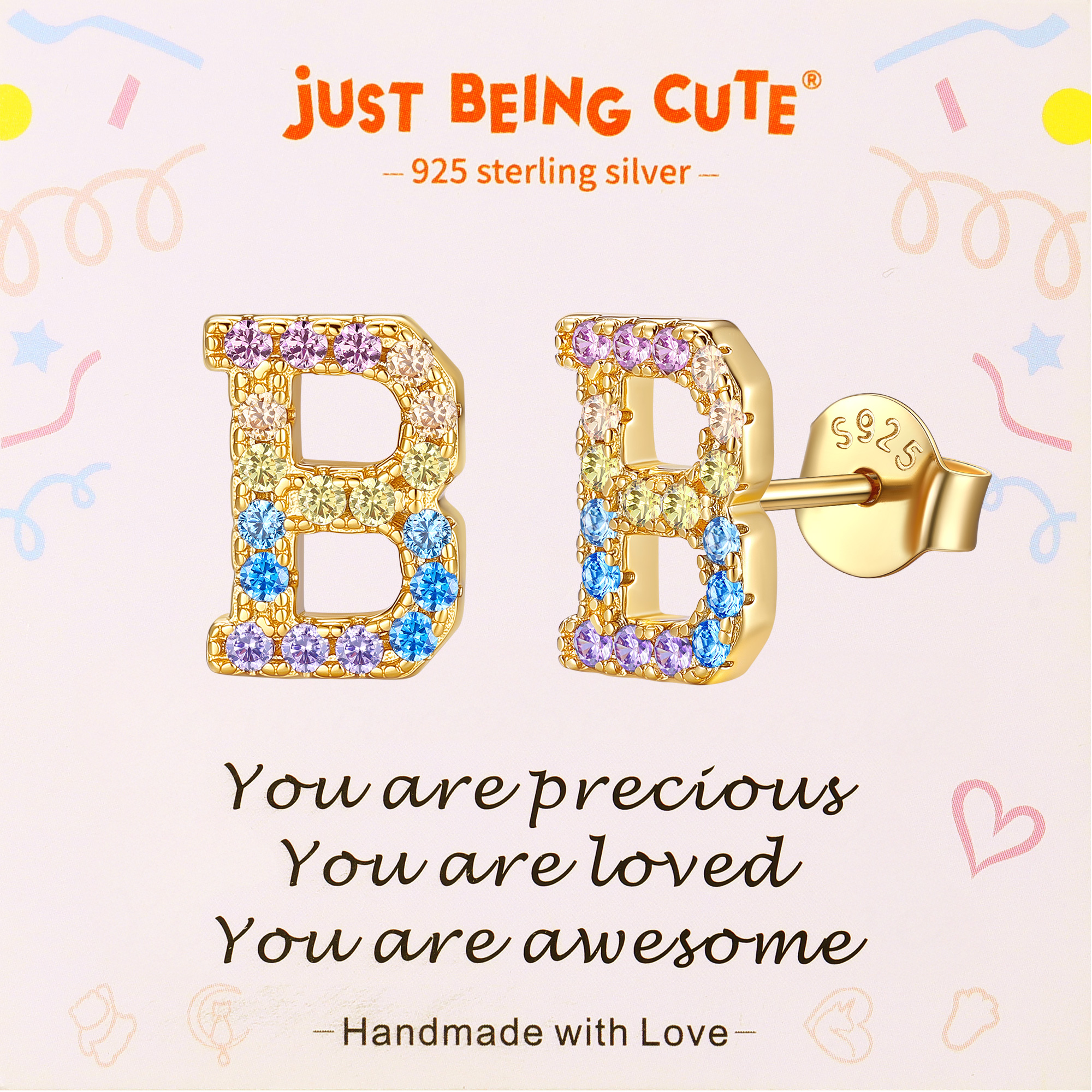 Just Being Cute Initial Earrings for Women Rainbow Cubic Zirconia Letter Stud Earring Hypoallergenic Alphabets A-Z Studs Birthday Christmas Jewelry for Her with Gift Card