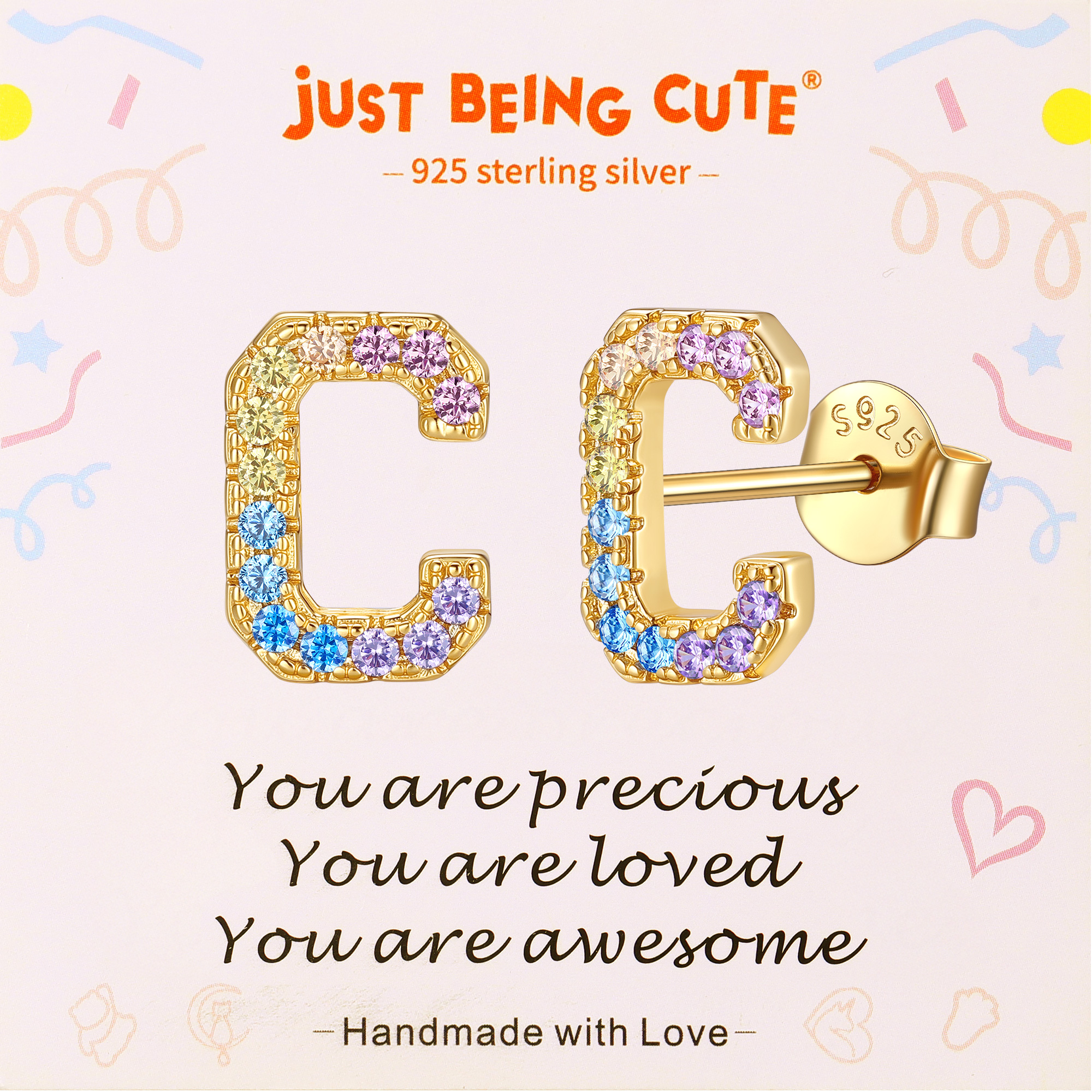Just Being Cute Initial Earrings for Women Rainbow Cubic Zirconia Letter Stud Earring Hypoallergenic Alphabets A-Z Studs Birthday Christmas Jewelry for Her with Gift Card