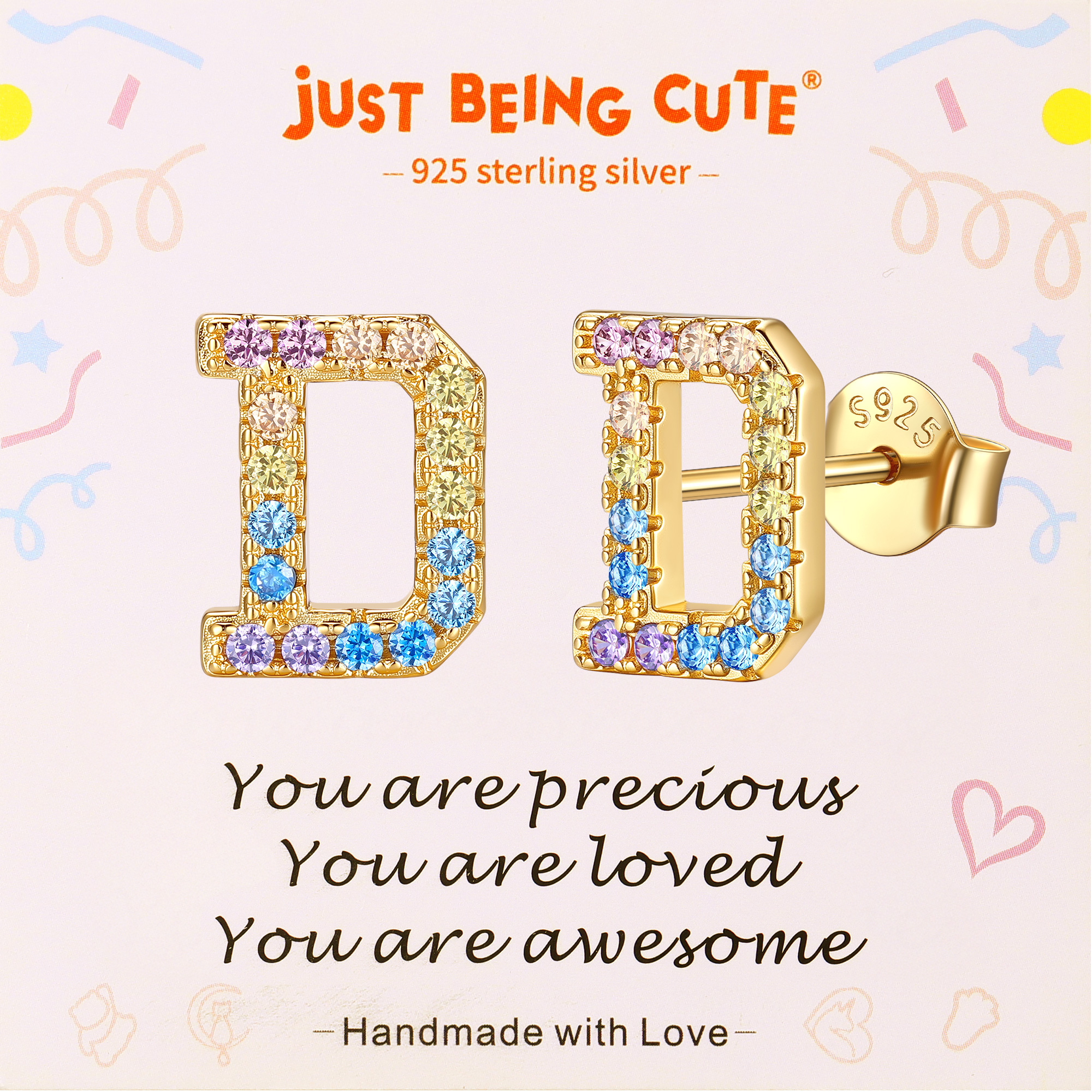 Just Being Cute Initial Earrings for Women Rainbow Cubic Zirconia Letter Stud Earring Hypoallergenic Alphabets A-Z Studs Birthday Christmas Jewelry for Her with Gift Card