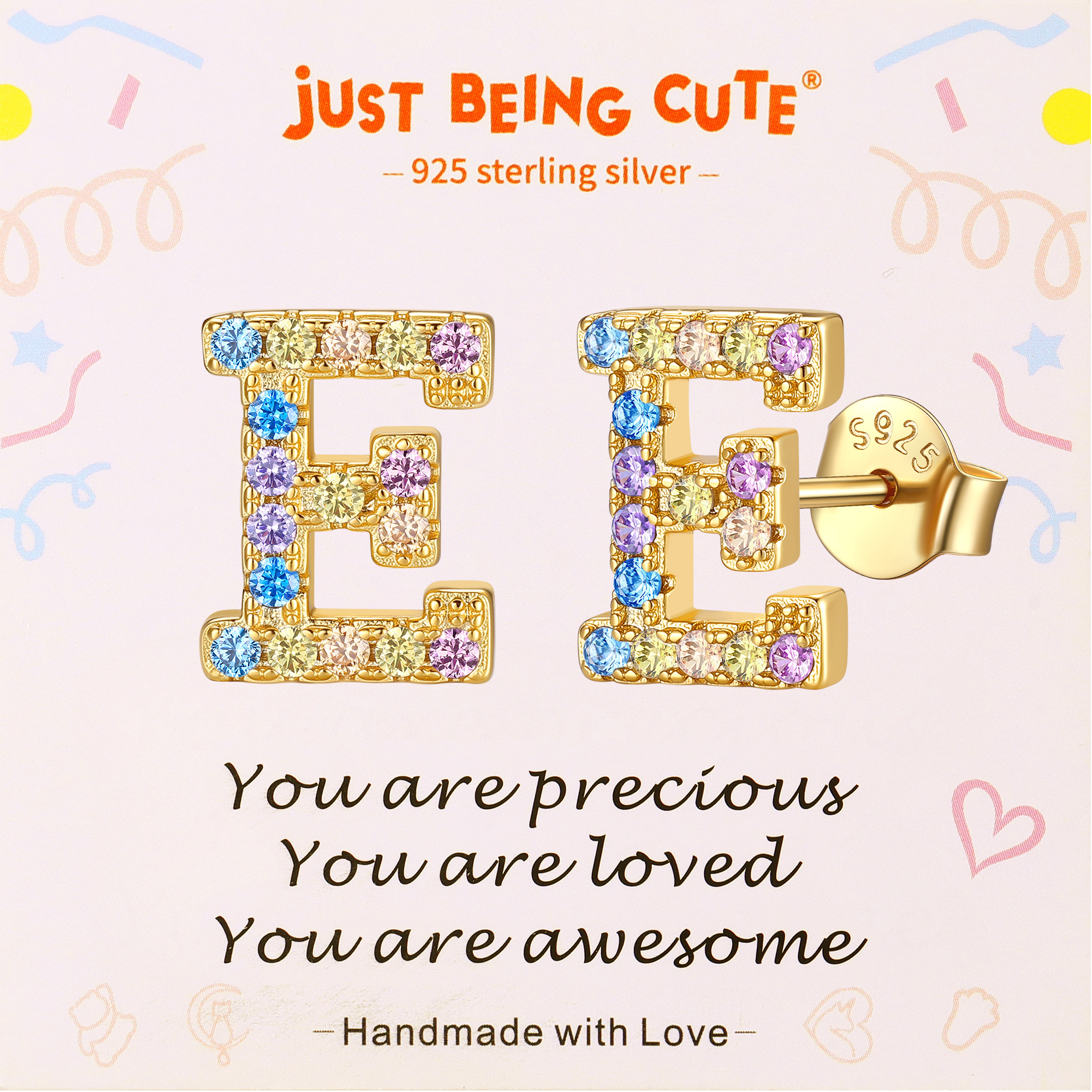 Just Being Cute Initial Earrings for Women Rainbow Cubic Zirconia Letter Stud Earring Hypoallergenic Alphabets A-Z Studs Birthday Christmas Jewelry for Her with Gift Card