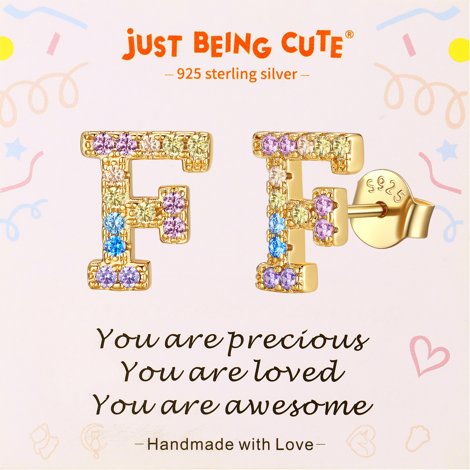 Just Being Cute Initial Earrings for Women Rainbow Cubic Zirconia Letter Stud Earring Hypoallergenic Alphabets A-Z Studs Birthday Christmas Jewelry for Her with Gift Card