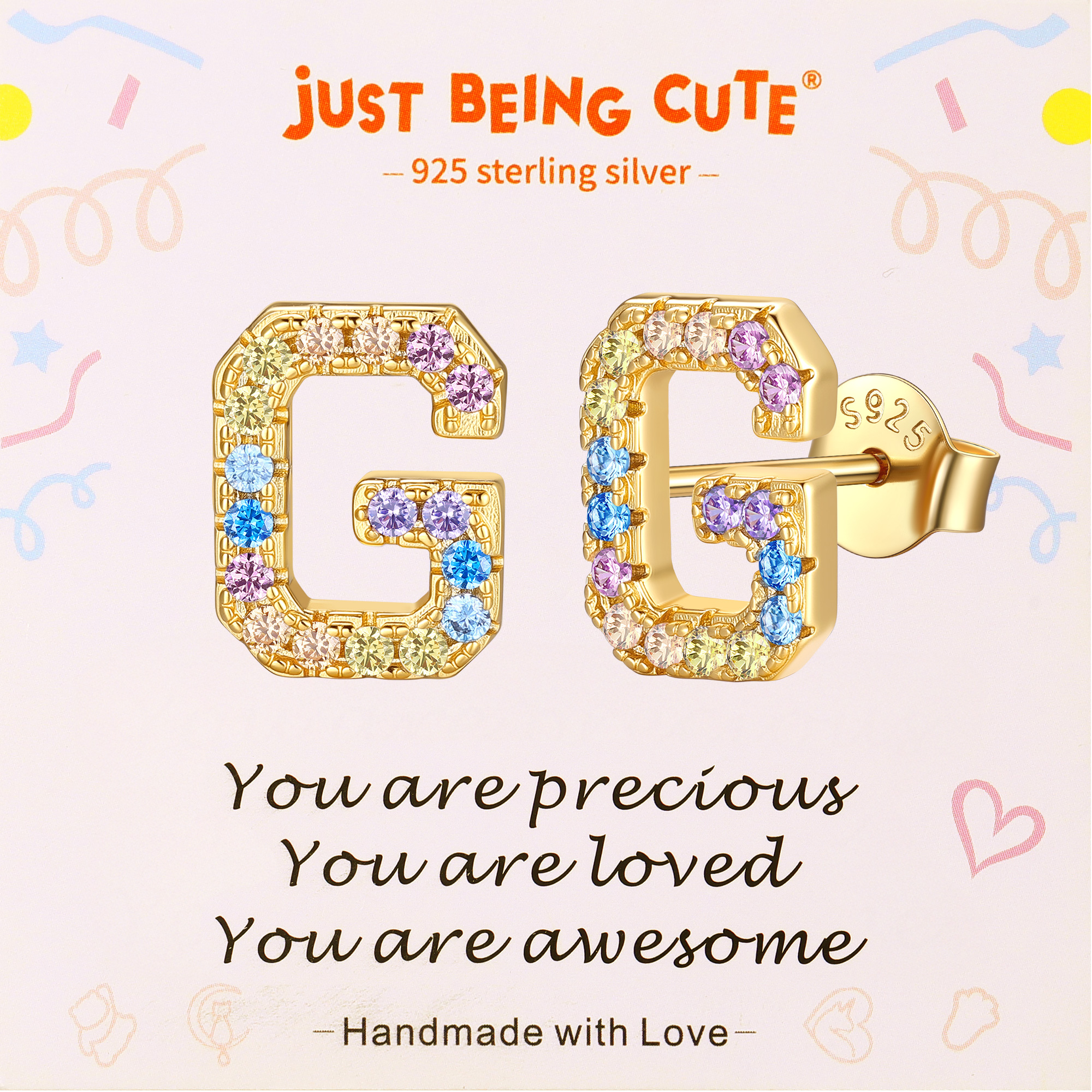 Just Being Cute Initial Earrings for Women Rainbow Cubic Zirconia Letter Stud Earring Hypoallergenic Alphabets A-Z Studs Birthday Christmas Jewelry for Her with Gift Card