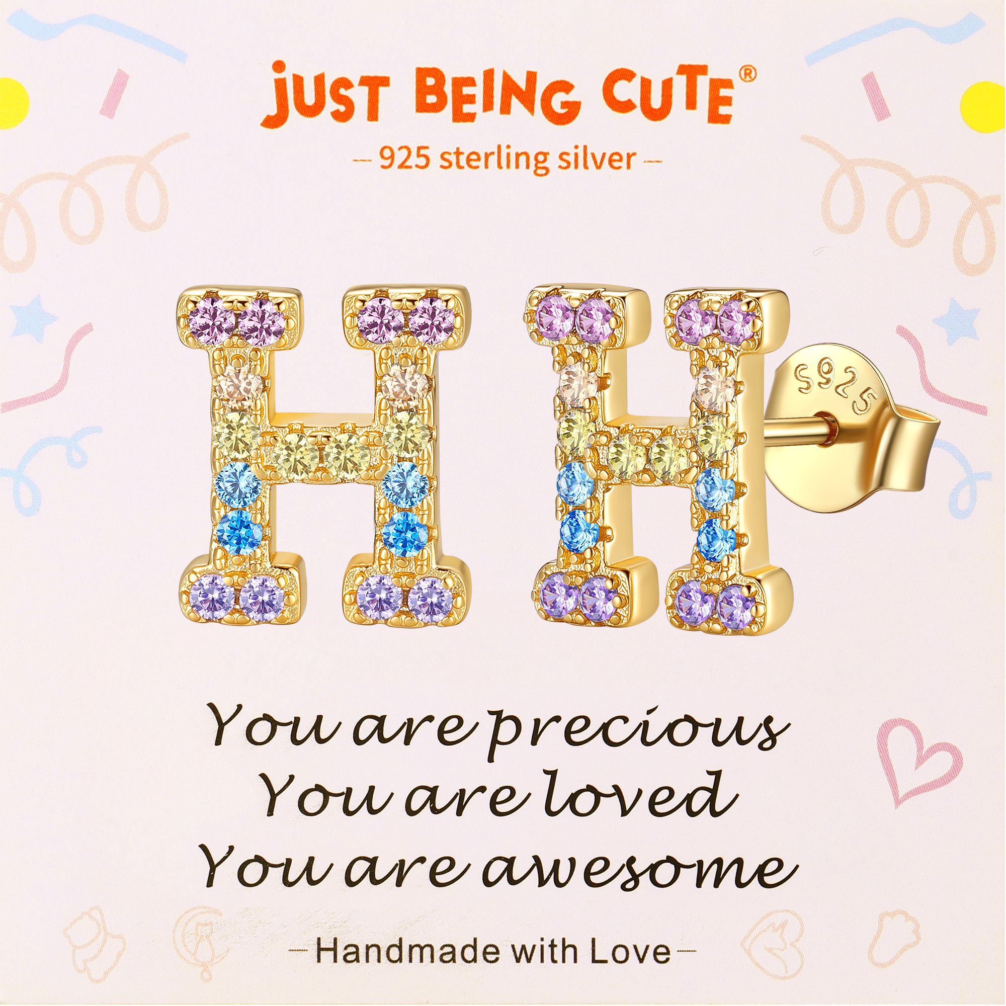 Just Being Cute Initial Earrings for Women Rainbow Cubic Zirconia Letter Stud Earring Hypoallergenic Alphabets A-Z Studs Birthday Christmas Jewelry for Her with Gift Card