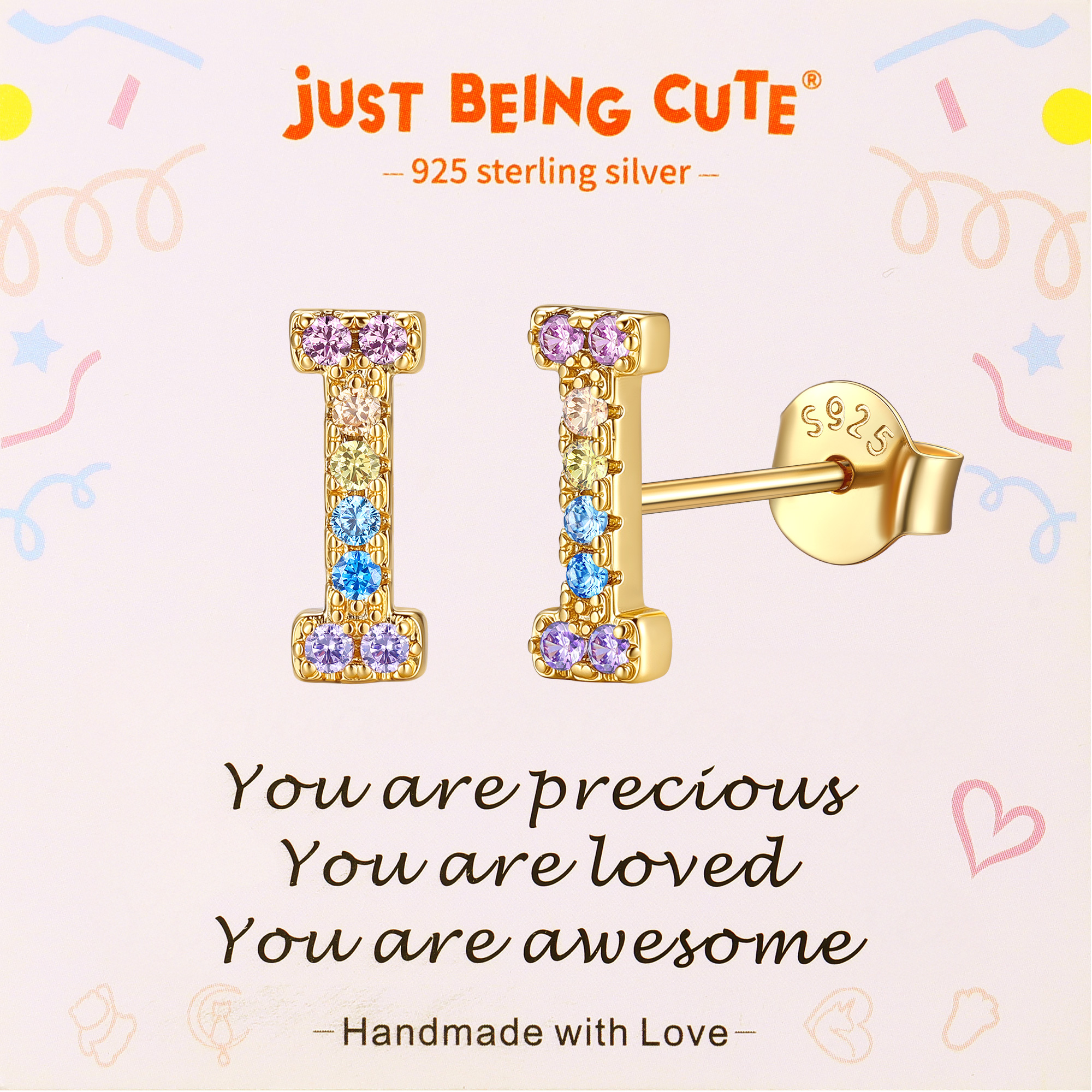 Just Being Cute Initial Earrings for Women Rainbow Cubic Zirconia Letter Stud Earring Hypoallergenic Alphabets A-Z Studs Birthday Christmas Jewelry for Her with Gift Card