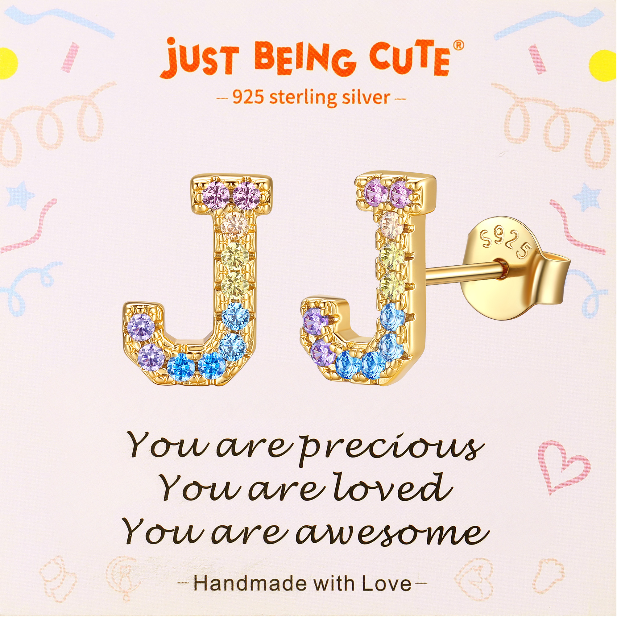 Just Being Cute Initial Earrings for Women Rainbow Cubic Zirconia Letter Stud Earring Hypoallergenic Alphabets A-Z Studs Birthday Christmas Jewelry for Her with Gift Card