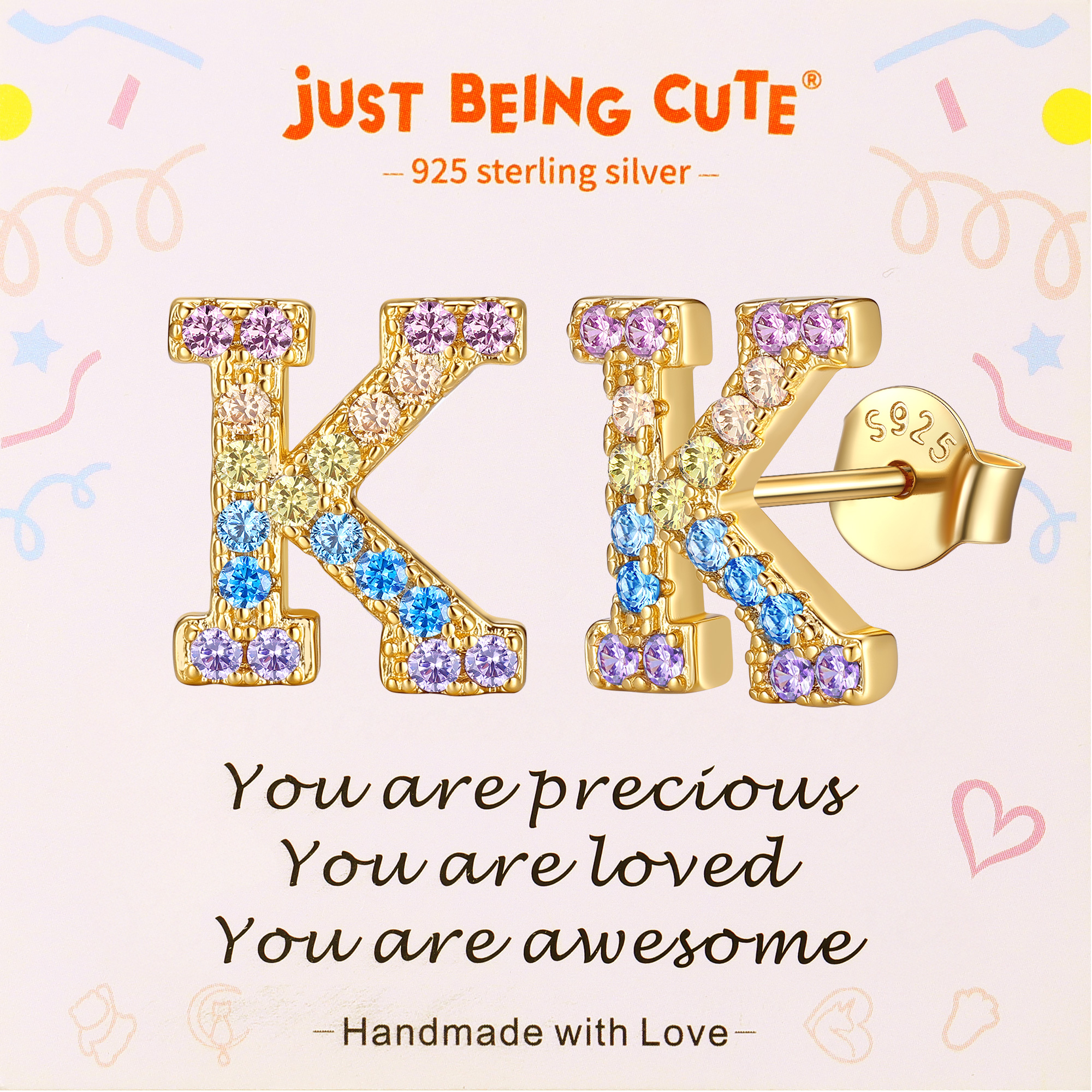 Just Being Cute Initial Earrings for Women Rainbow Cubic Zirconia Letter Stud Earring Hypoallergenic Alphabets A-Z Studs Birthday Christmas Jewelry for Her with Gift Card