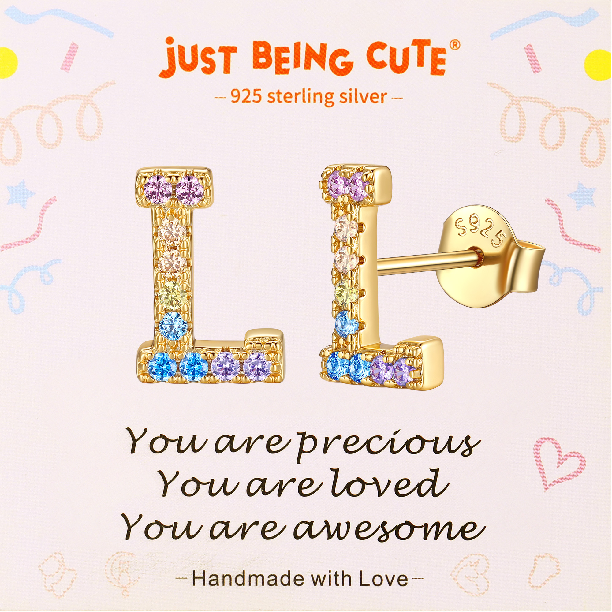 Just Being Cute Initial Earrings for Women Rainbow Cubic Zirconia Letter Stud Earring Hypoallergenic Alphabets A-Z Studs Birthday Christmas Jewelry for Her with Gift Card