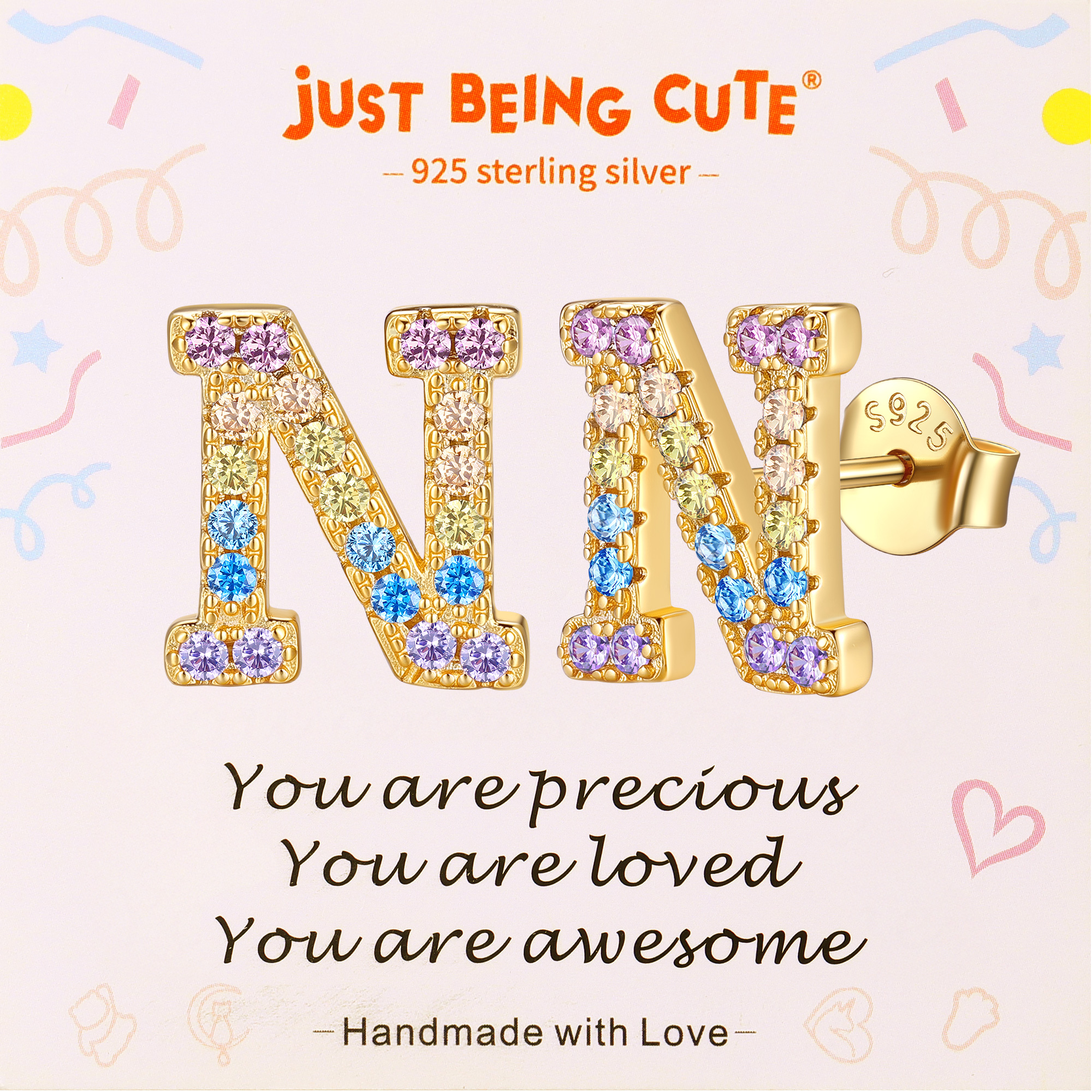Just Being Cute Initial Earrings for Women Rainbow Cubic Zirconia Letter Stud Earring Hypoallergenic Alphabets A-Z Studs Birthday Christmas Jewelry for Her with Gift Card