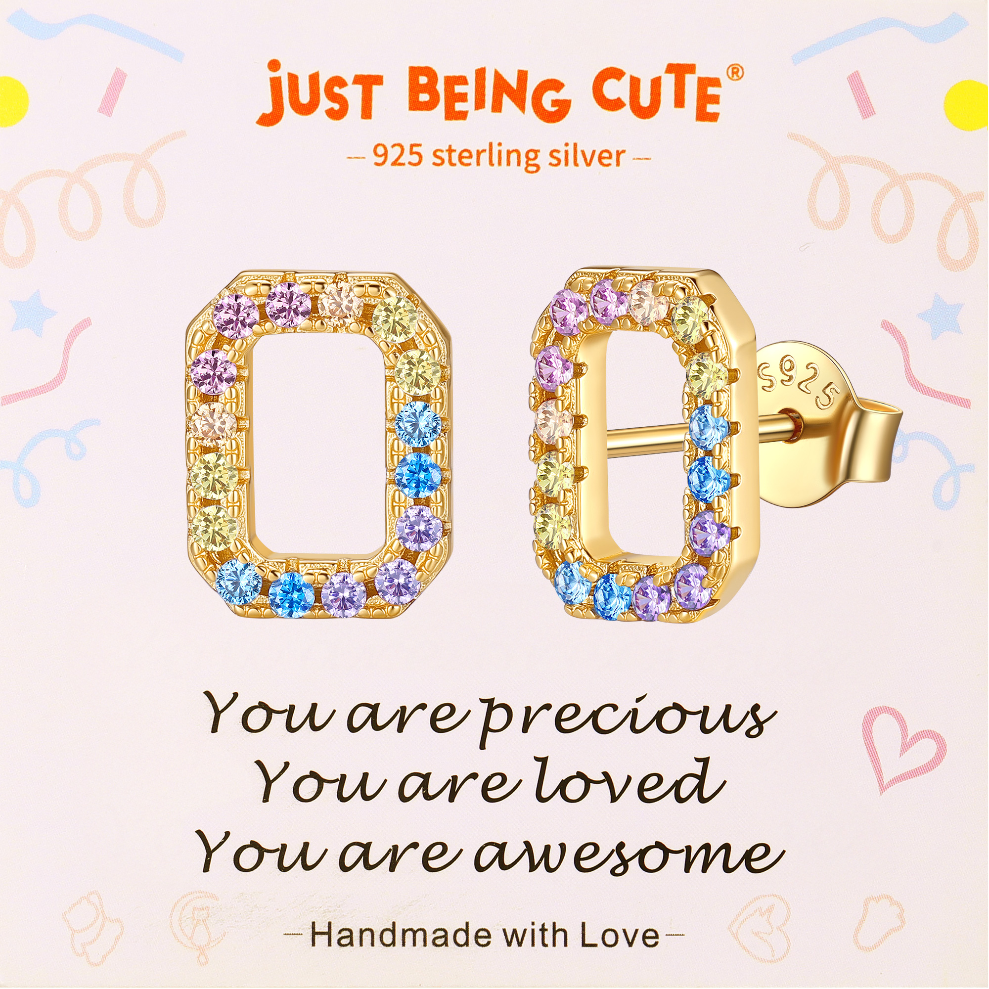 Just Being Cute Initial Earrings for Women Rainbow Cubic Zirconia Letter Stud Earring Hypoallergenic Alphabets A-Z Studs Birthday Christmas Jewelry for Her with Gift Card