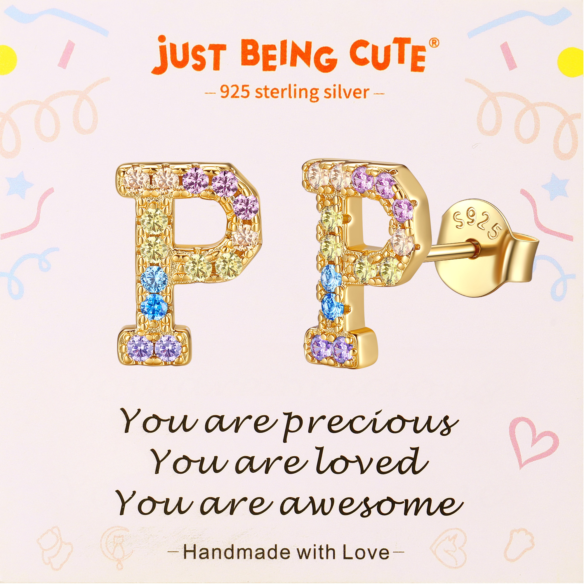 Just Being Cute Initial Earrings for Women Rainbow Cubic Zirconia Letter Stud Earring Hypoallergenic Alphabets A-Z Studs Birthday Christmas Jewelry for Her with Gift Card