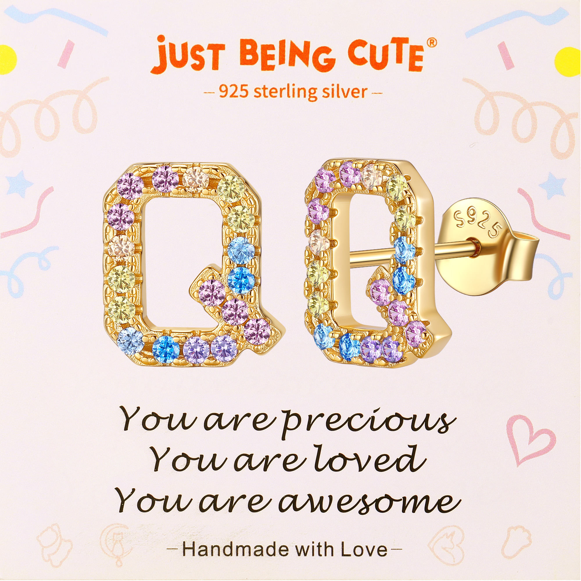 Just Being Cute Initial Earrings for Women Rainbow Cubic Zirconia Letter Stud Earring Hypoallergenic Alphabets A-Z Studs Birthday Christmas Jewelry for Her with Gift Card
