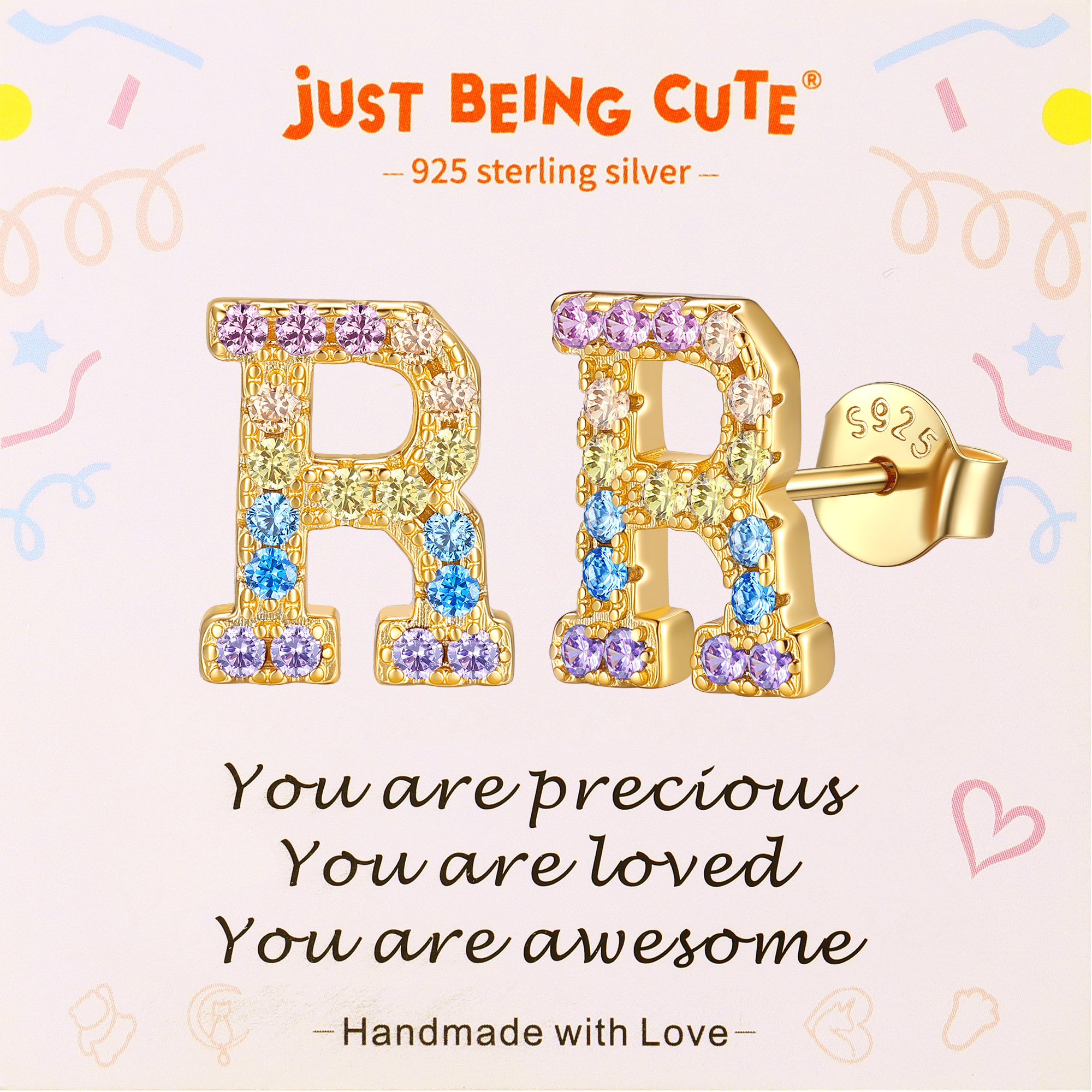 Just Being Cute Initial Earrings for Women Rainbow Cubic Zirconia Letter Stud Earring Hypoallergenic Alphabets A-Z Studs Birthday Christmas Jewelry for Her with Gift Card