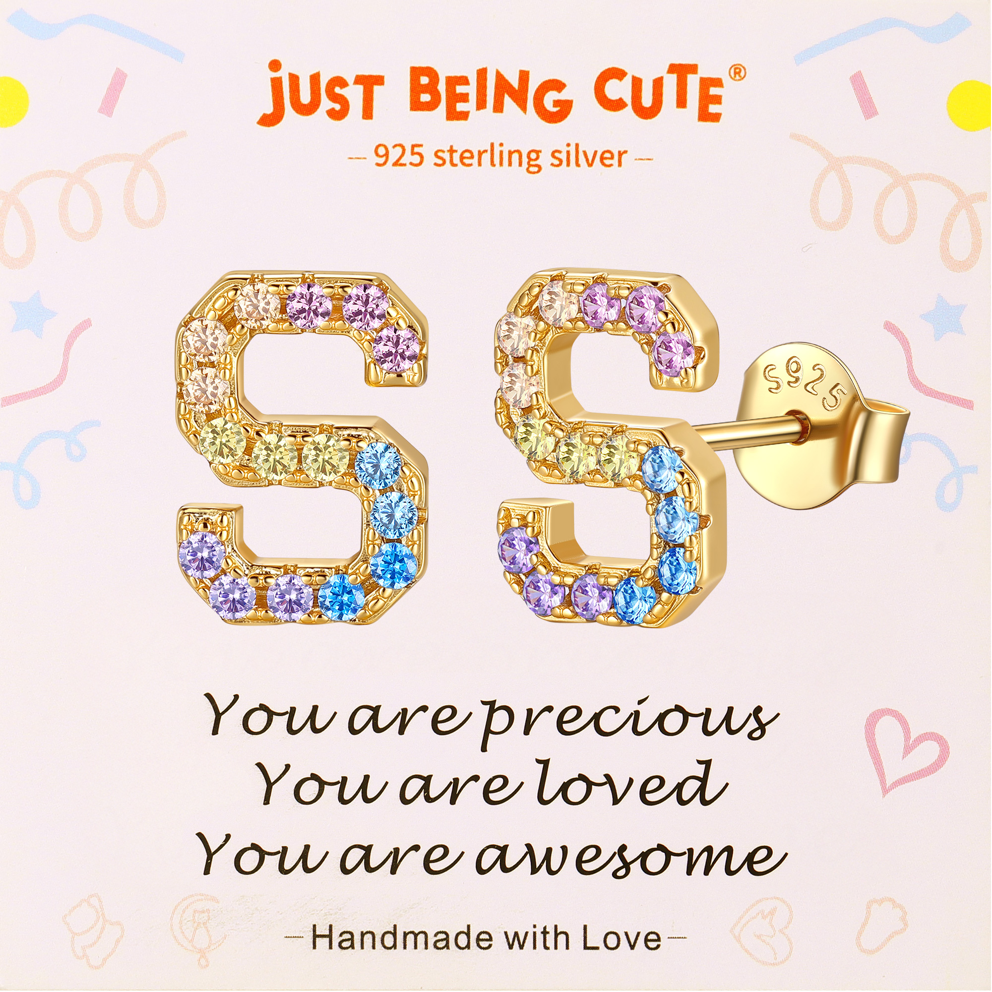 Just Being Cute Initial Earrings for Women Rainbow Cubic Zirconia Letter Stud Earring Hypoallergenic Alphabets A-Z Studs Birthday Christmas Jewelry for Her with Gift Card