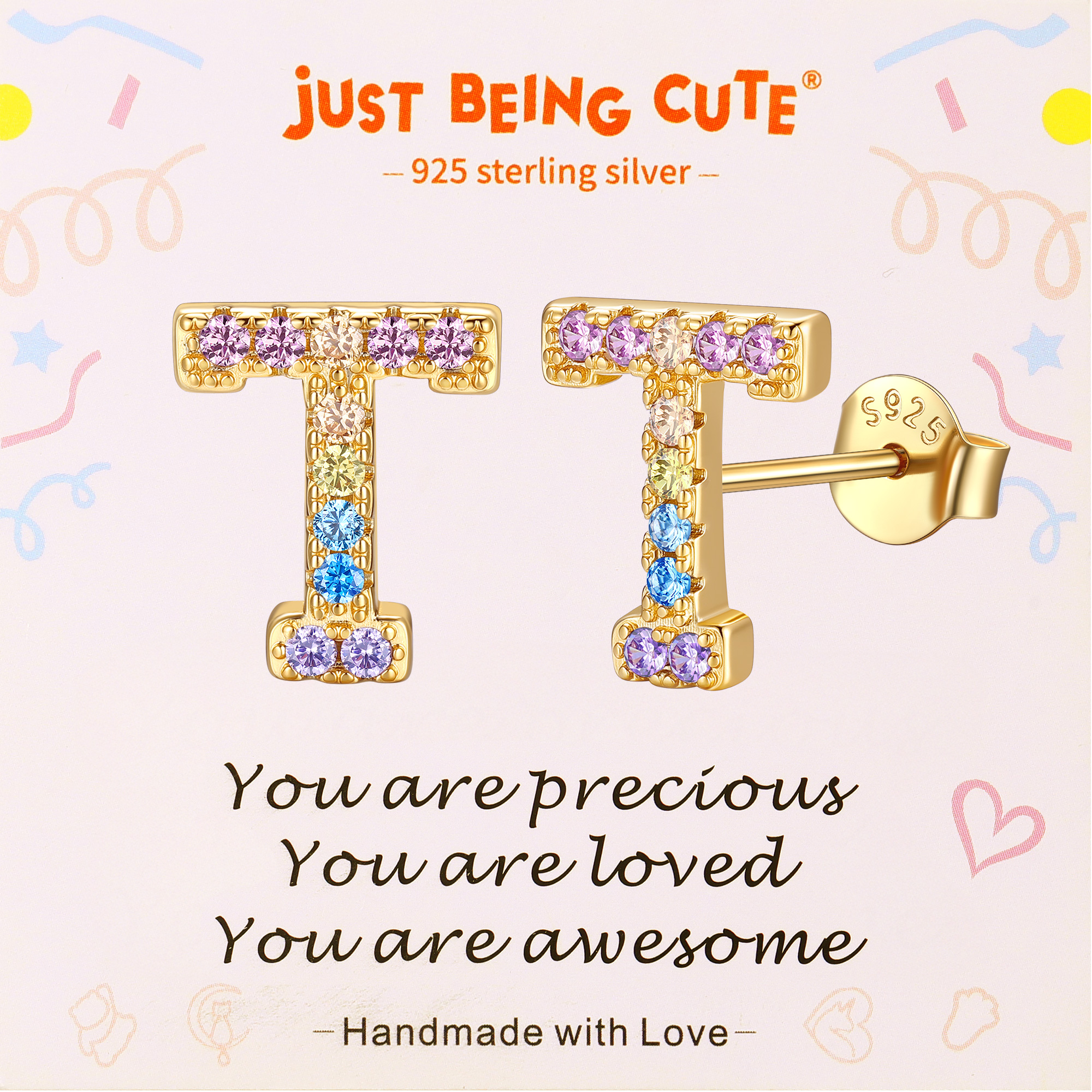 Just Being Cute Initial Earrings for Women Rainbow Cubic Zirconia Letter Stud Earring Hypoallergenic Alphabets A-Z Studs Birthday Christmas Jewelry for Her with Gift Card