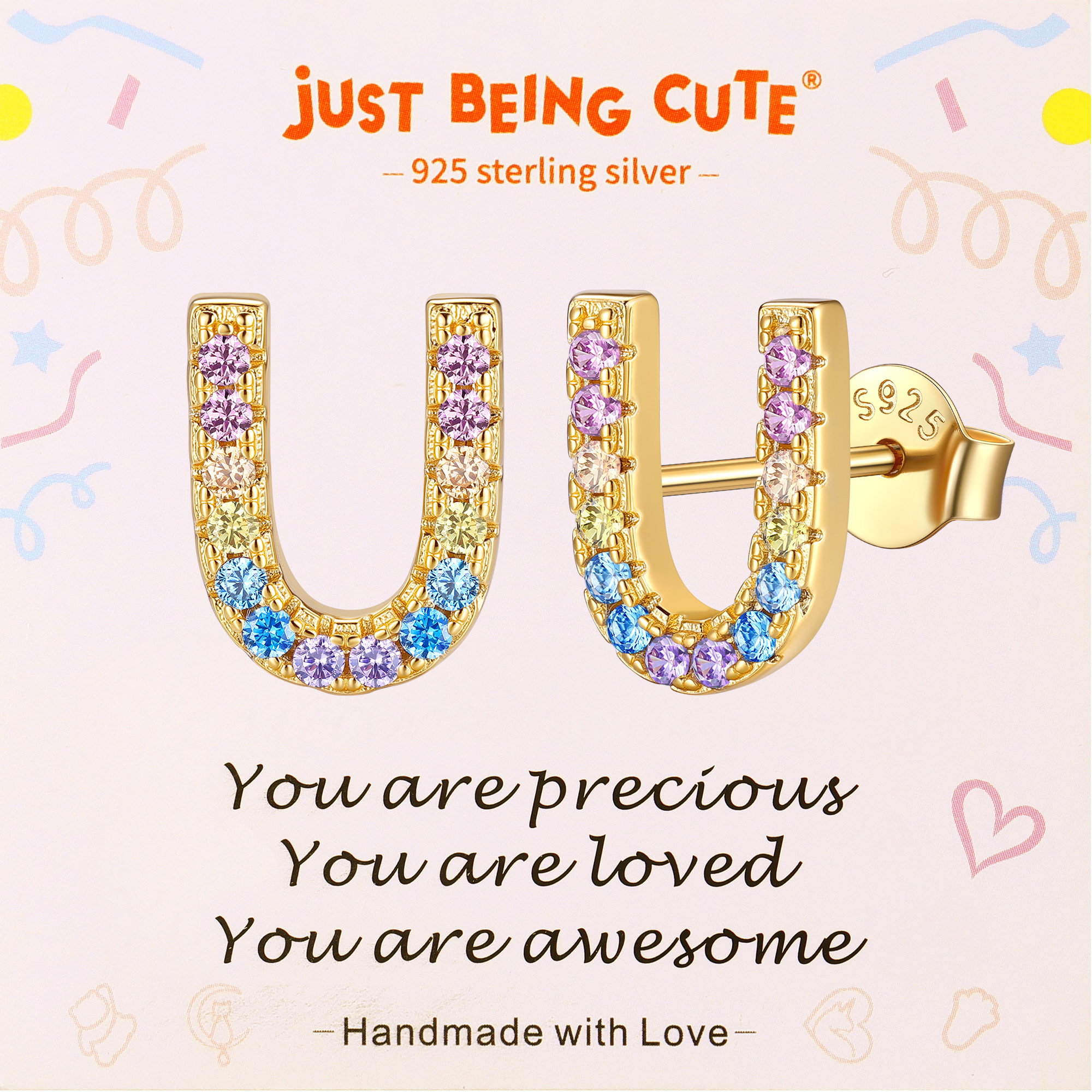 Just Being Cute Initial Earrings for Women Rainbow Cubic Zirconia Letter Stud Earring Hypoallergenic Alphabets A-Z Studs Birthday Christmas Jewelry for Her with Gift Card
