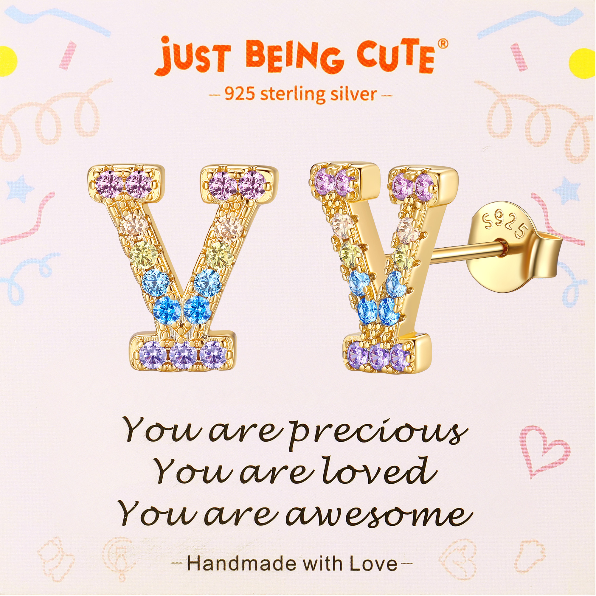 Just Being Cute Initial Earrings for Women Rainbow Cubic Zirconia Letter Stud Earring Hypoallergenic Alphabets A-Z Studs Birthday Christmas Jewelry for Her with Gift Card