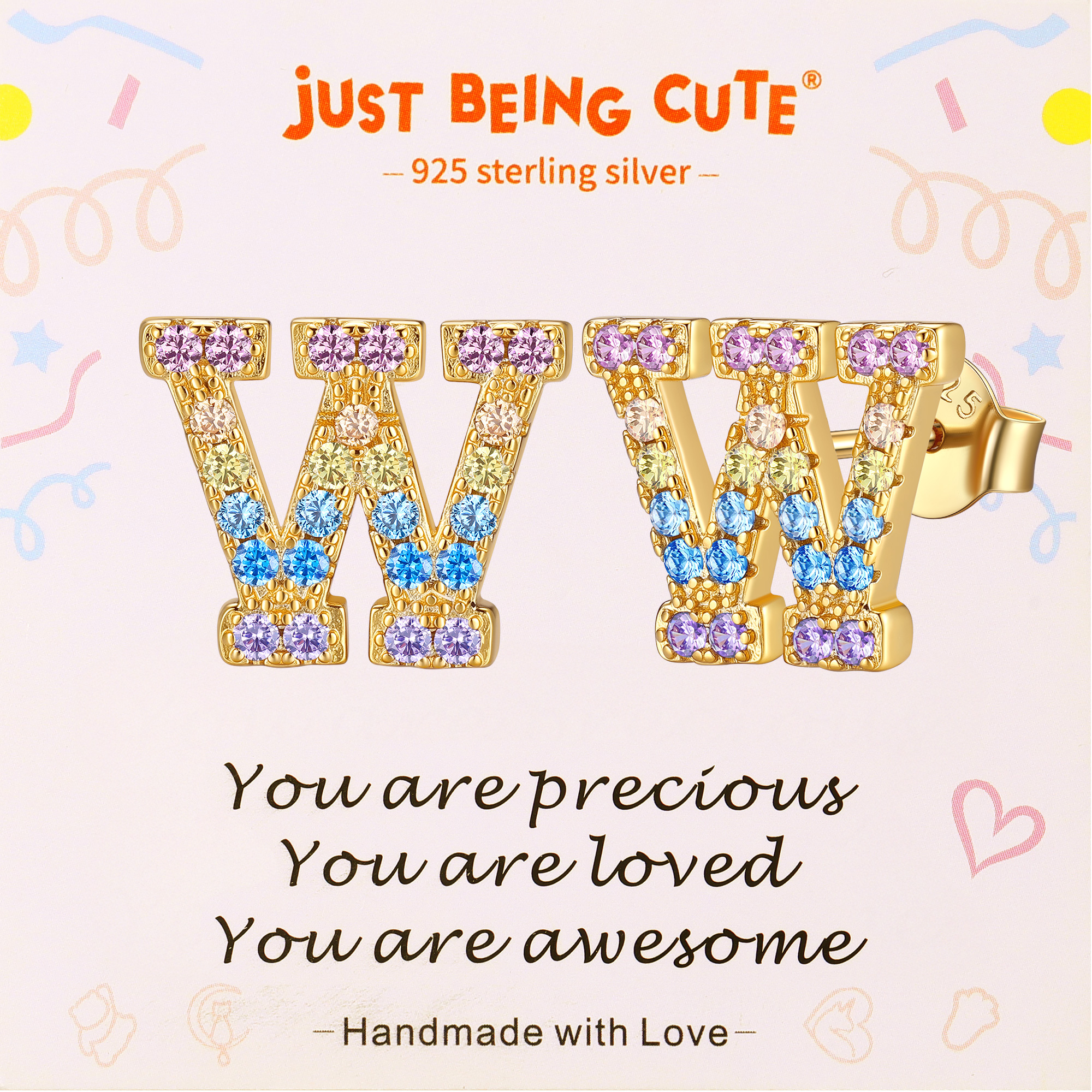 Just Being Cute Initial Earrings for Women Rainbow Cubic Zirconia Letter Stud Earring Hypoallergenic Alphabets A-Z Studs Birthday Christmas Jewelry for Her with Gift Card