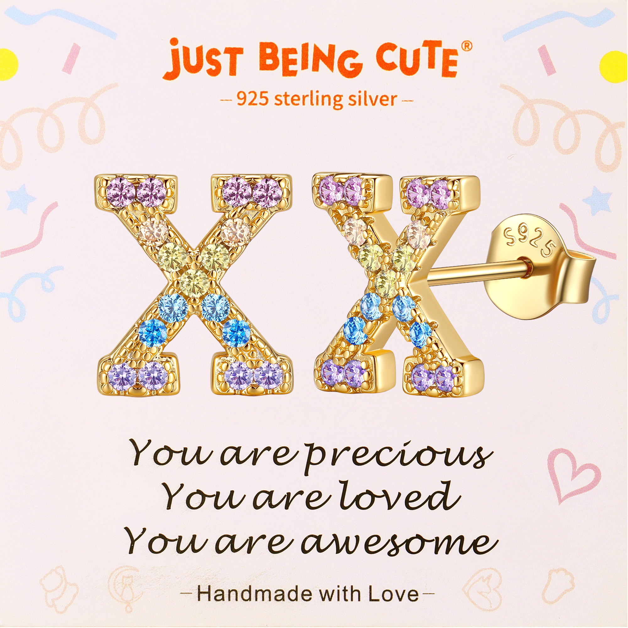 Just Being Cute Initial Earrings for Women Rainbow Cubic Zirconia Letter Stud Earring Hypoallergenic Alphabets A-Z Studs Birthday Christmas Jewelry for Her with Gift Card