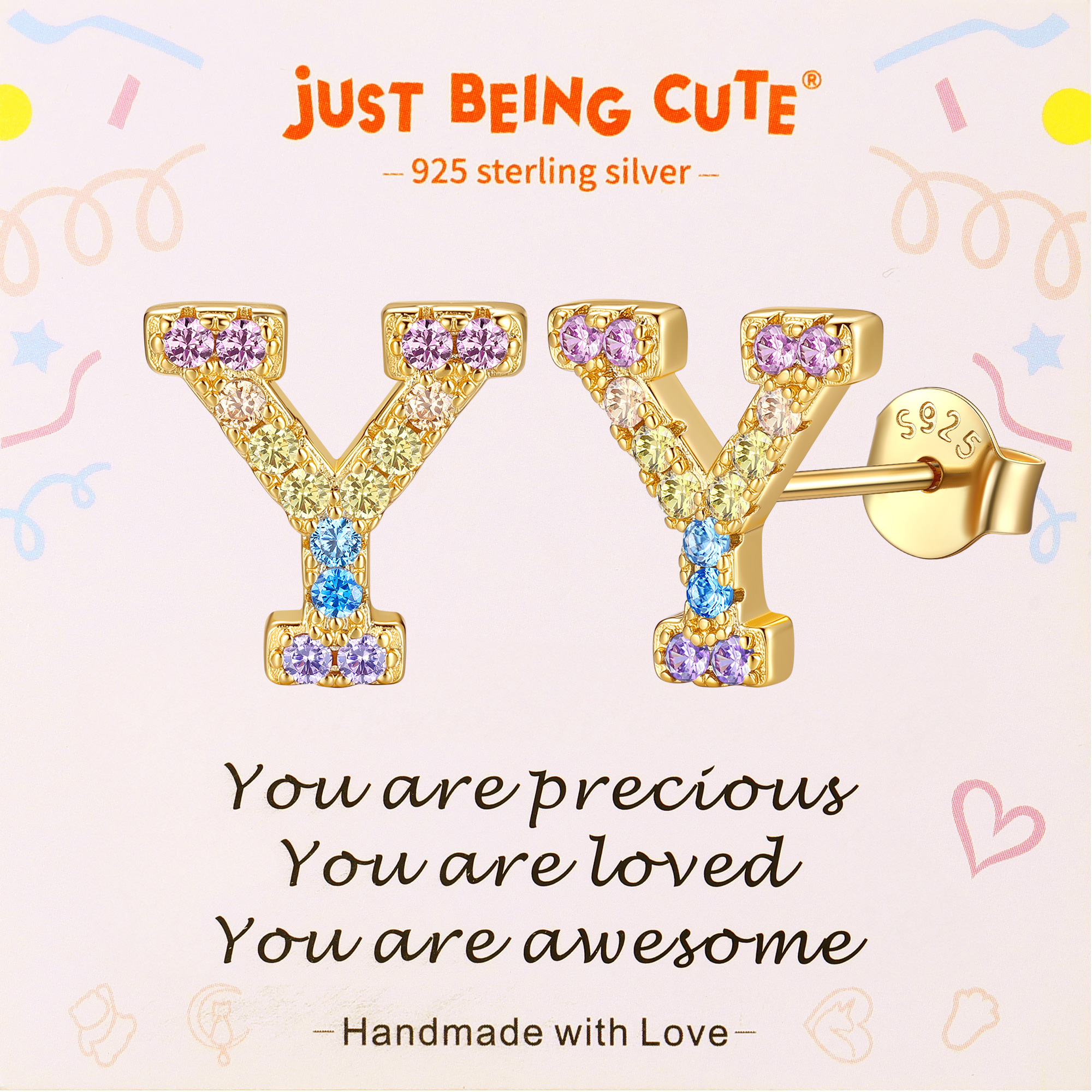 Just Being Cute Initial Earrings for Women Rainbow Cubic Zirconia Letter Stud Earring Hypoallergenic Alphabets A-Z Studs Birthday Christmas Jewelry for Her with Gift Card